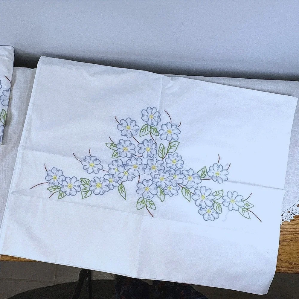 Vintage Hand Embroidered Blue Floral White Cotton Pillowcase Pair Set of 2